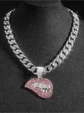 Pink Lip Pendant Cuban Chain Necklace - Women Jewelry